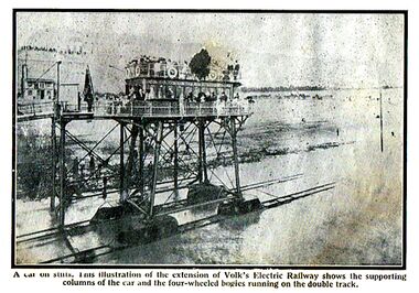 Magnus Volk's "Pioneer" seagoing carriage at low tide, with both sets of parallel track visible, Meccano Magazine 1937