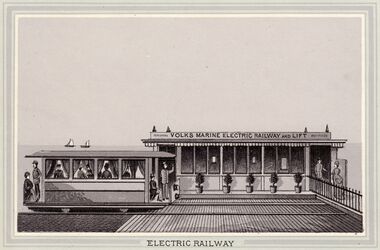 1888: Engraving showing a carriage and terminus station for the "Volks Marine Electric Railway"
