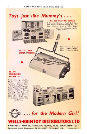 1956 trade advert for Wells-Brimtoy, showing the #203 Playtime Cooker (top)