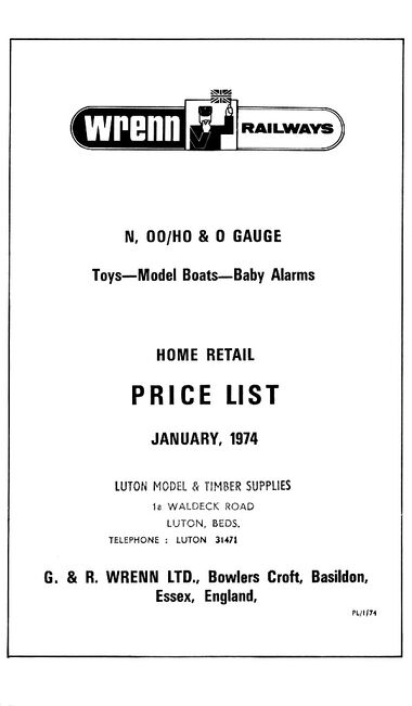 1974: Price list, Wrenn Railways. the listed product range, including N-gauge.