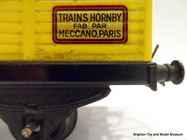Wagon, detail showing sticker, "TRAINS HORNBY / FAB. PAR / MECCANO, PARIS"